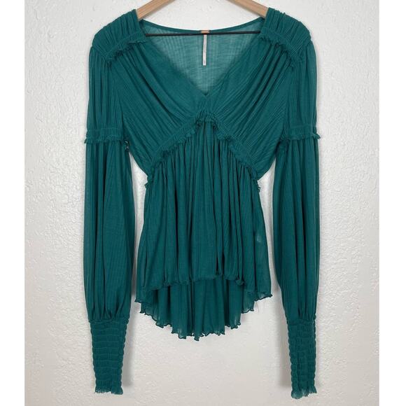 Free People Day Dreaming Long Sleeve Top Relaxed Teal Night Size NWOT Size XS - Picture 2 of 5